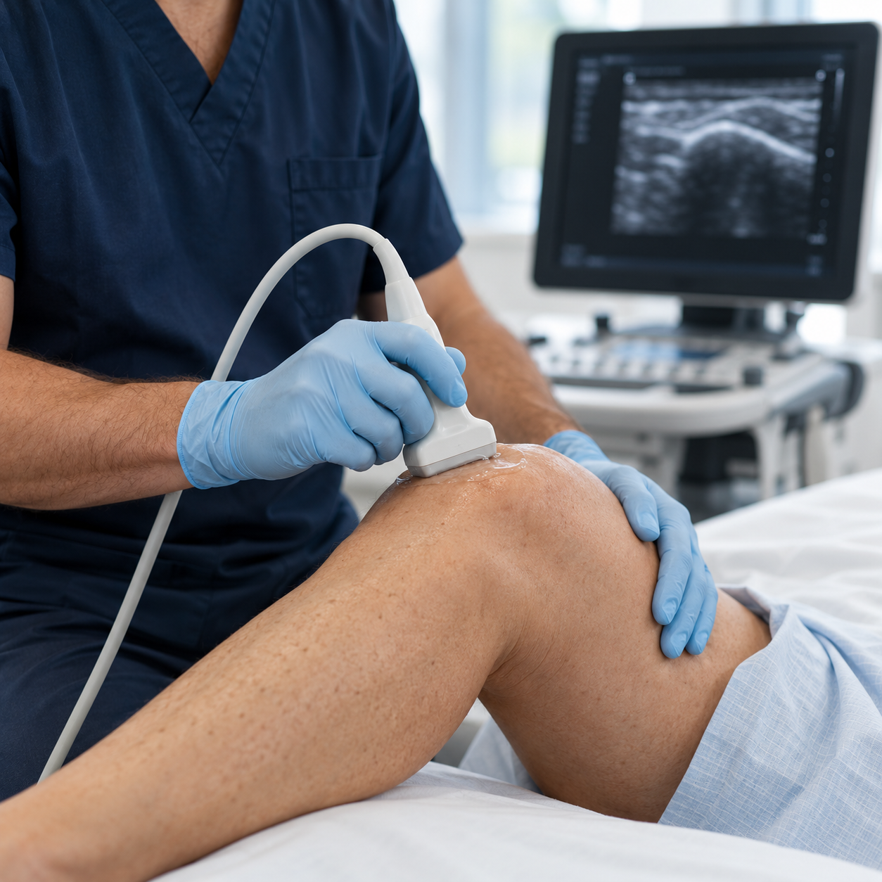 Imagem ilustrativa de avaliação musculoesquelética do joelho com ultrassom.